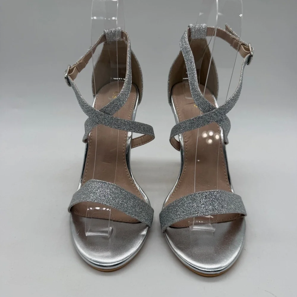 Women Silver Glitter Strappy Stiletto Sandals Open Toe Ankle Strap Size 5